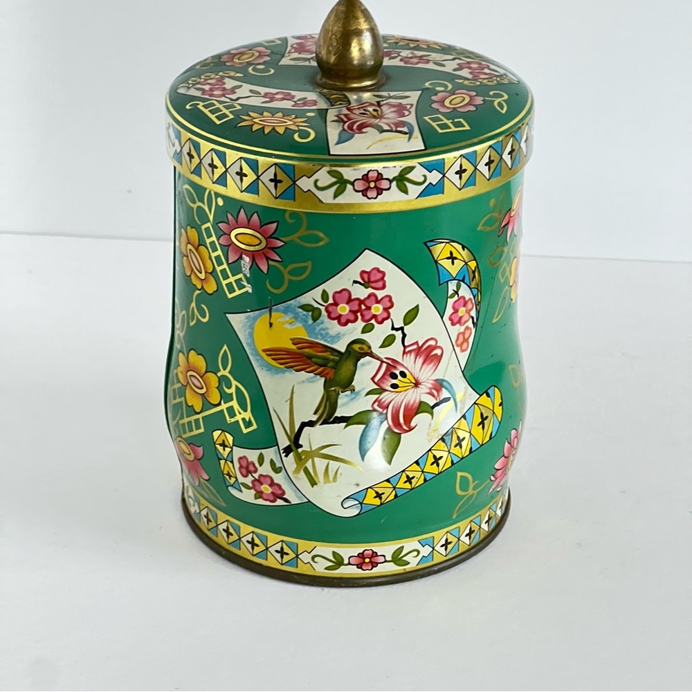 Floral Green Decorative Tin with birds and flowers multi-color vintage